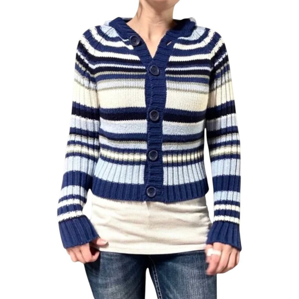 Vintage Y2K Chunky Sweater Hoodie Oversized Button Front Stripes Small